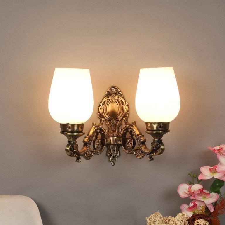 ELIANTE Aluminium Wall Light Antique Gold Base White Glass Shade Wall Light for Living Room, Bedroom, Dining Room, Kitchen | by Jainsons Lights