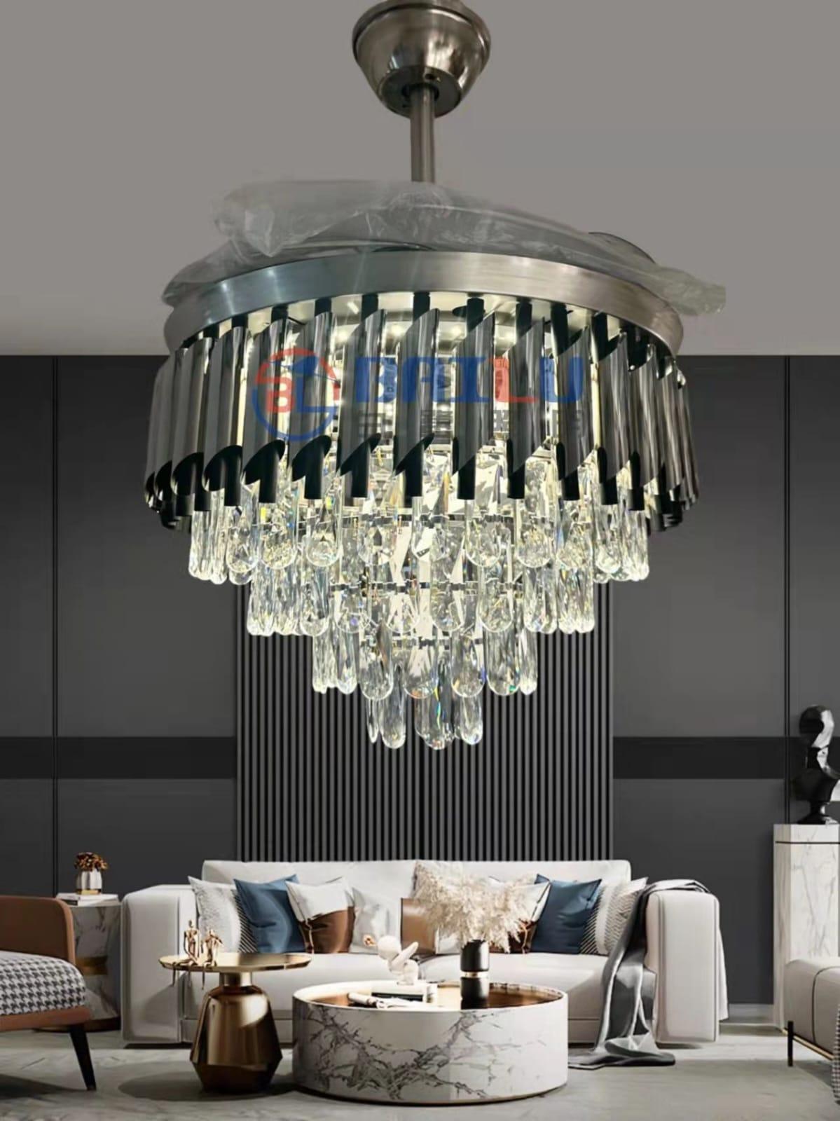 JS-FO - FI-7705 High Speed Crystal Chandelier Fans Black Finish Acrylic Blades Size 1070mm