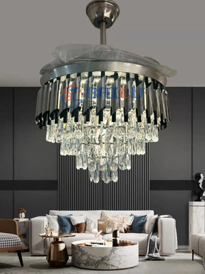 JS-FO - FI-7705 High Speed Crystal Chandelier Fans Black Finish Acrylic Blades Size 1070mm