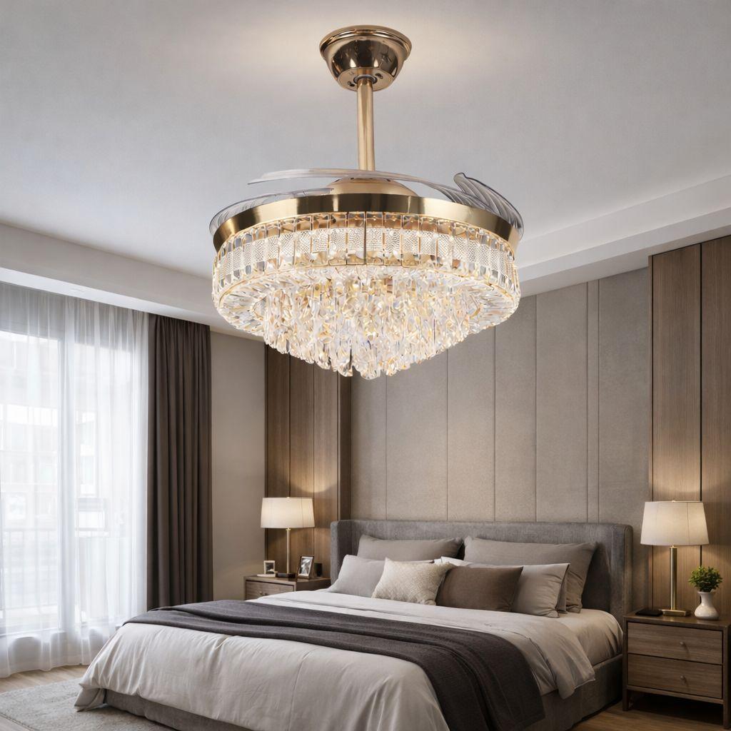 JS-FO - FI-7785 High Speed Crystal Chandelier Fans Gold Finish Acrylic Blades Size 1070mm