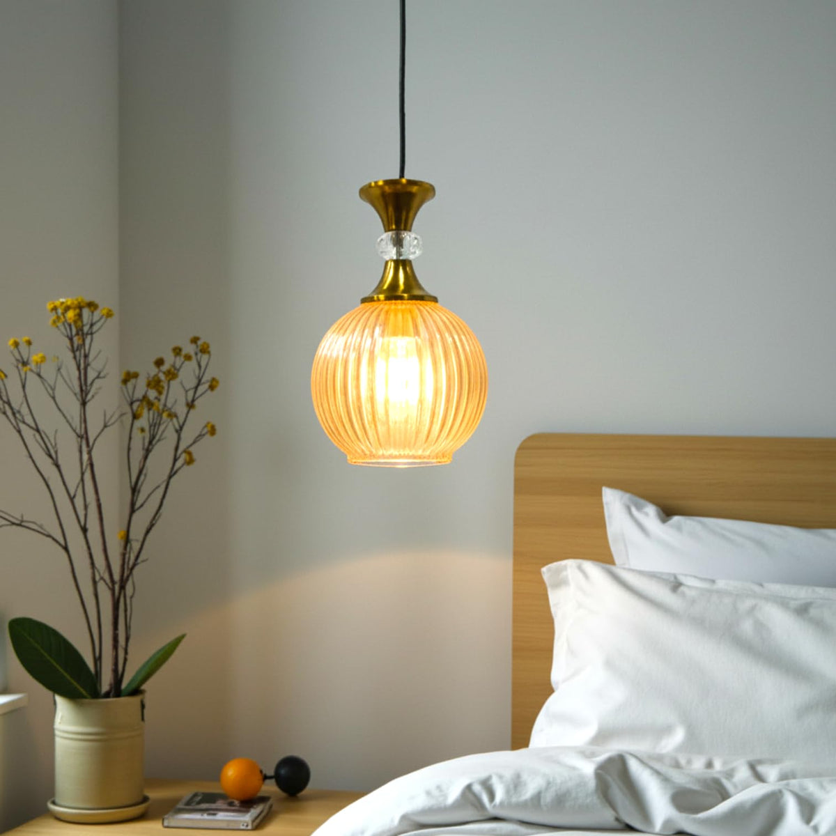 ELIANTE Pequena Vintage Hanging Light Gold Finish Iron with Golden Glass Shade E27 Holder Decorative Pendant for Living Room & Dining up to 3 years warranty - with LED Lamp(s) Included - AS-001-HL