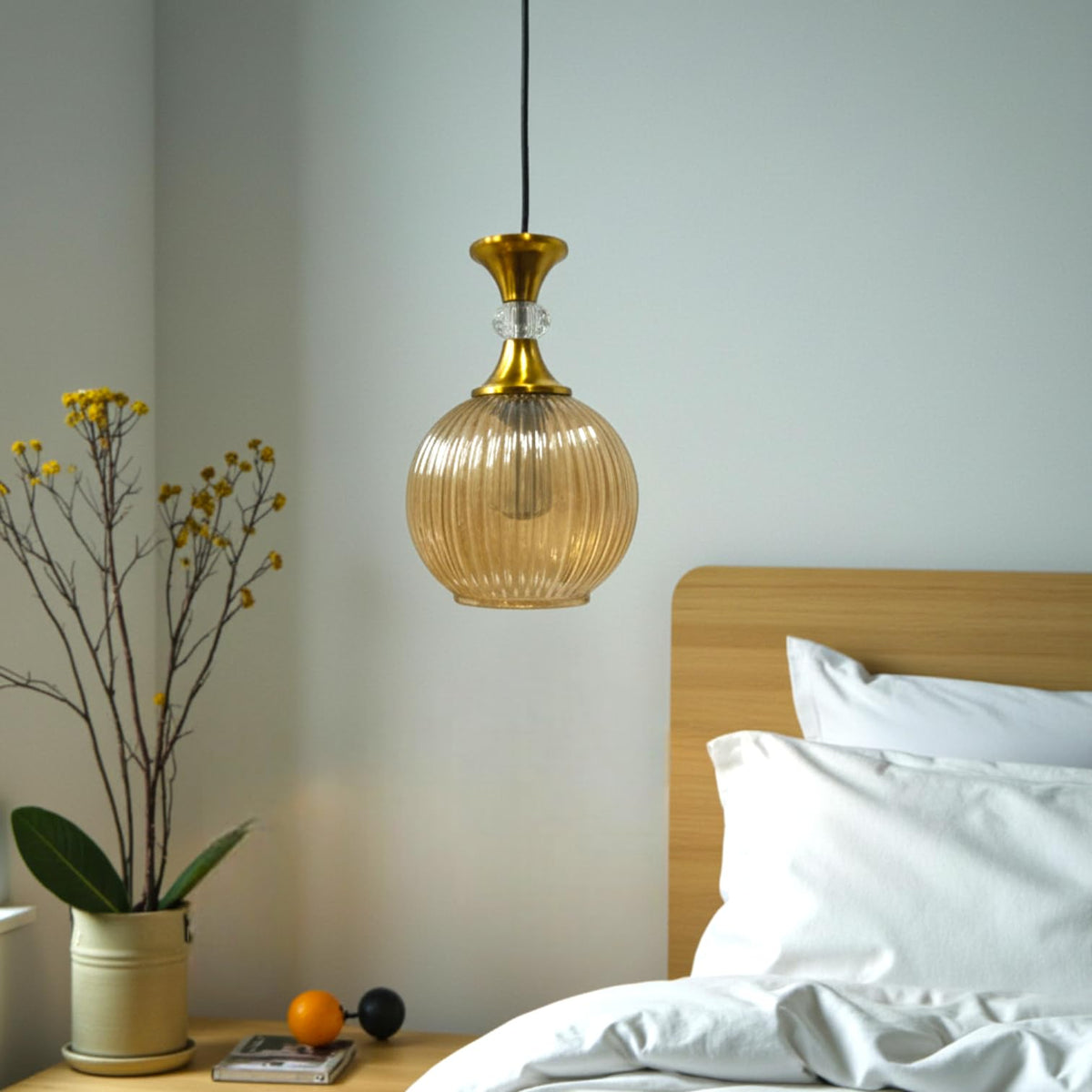 ELIANTE Pequena Vintage Hanging Light Gold Finish Iron with Golden Glass Shade E27 Holder Decorative Pendant for Living Room & Dining up to 3 years warranty - with LED Lamp(s) Included - AS-001-HL