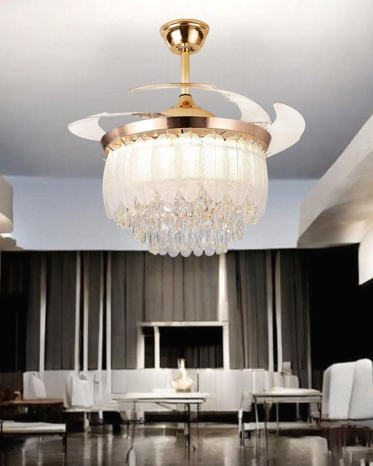 JS-FO - FI-7786 High Speed Crystal Chandelier Fans Gold Finish Acrylic Blades Size 1070mm