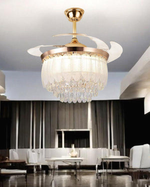 JS-FO - FI-7786 High Speed Crystal Chandelier Fans Gold Finish Acrylic Blades Size 1070mm