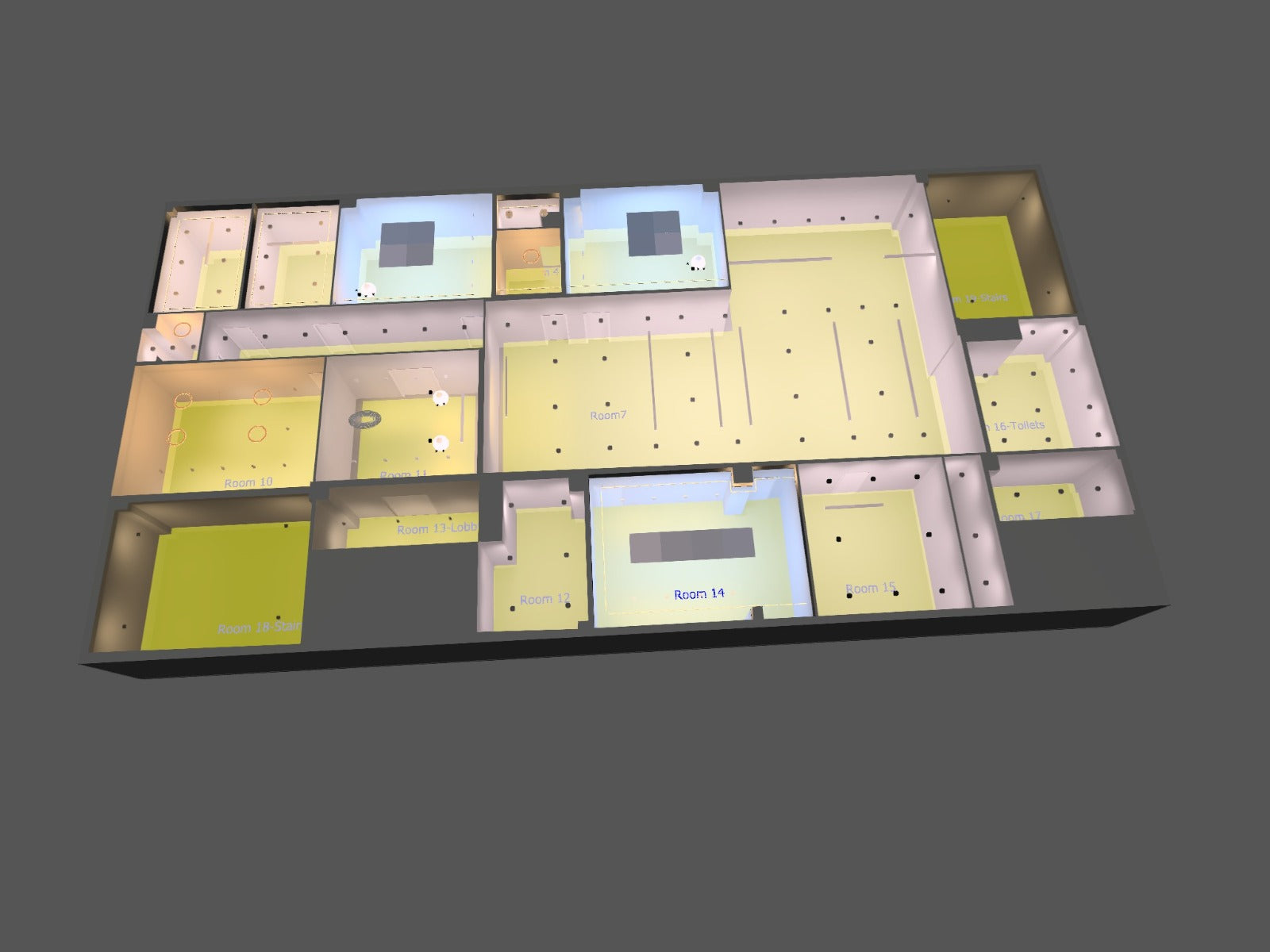 Dialux 3D illuminance study — full office floor plate showing every luminaire position across 19 zones