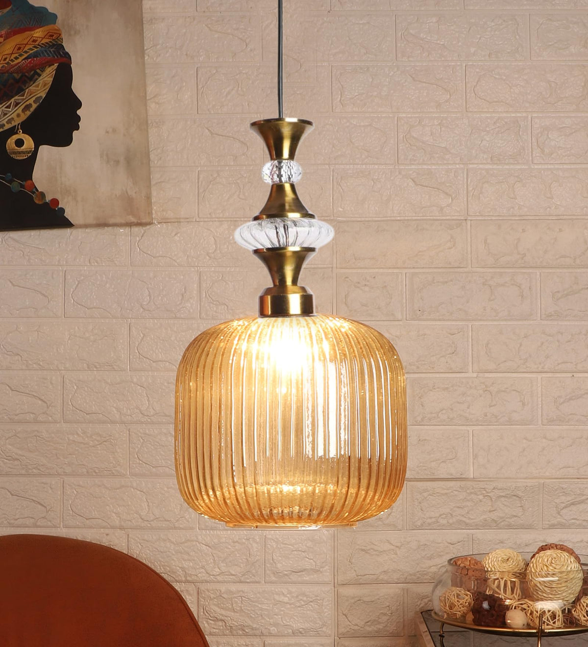 ELIANTE Povque Vintage Hanging Pendant Light Gold Finish Iron with Gold Glass Shade E27 Holder Decorative Ceiling Light for Living Room & Restaurants up to 3 years warranty - with LED Lamp(s) Included - JS-1322-HL-Gold