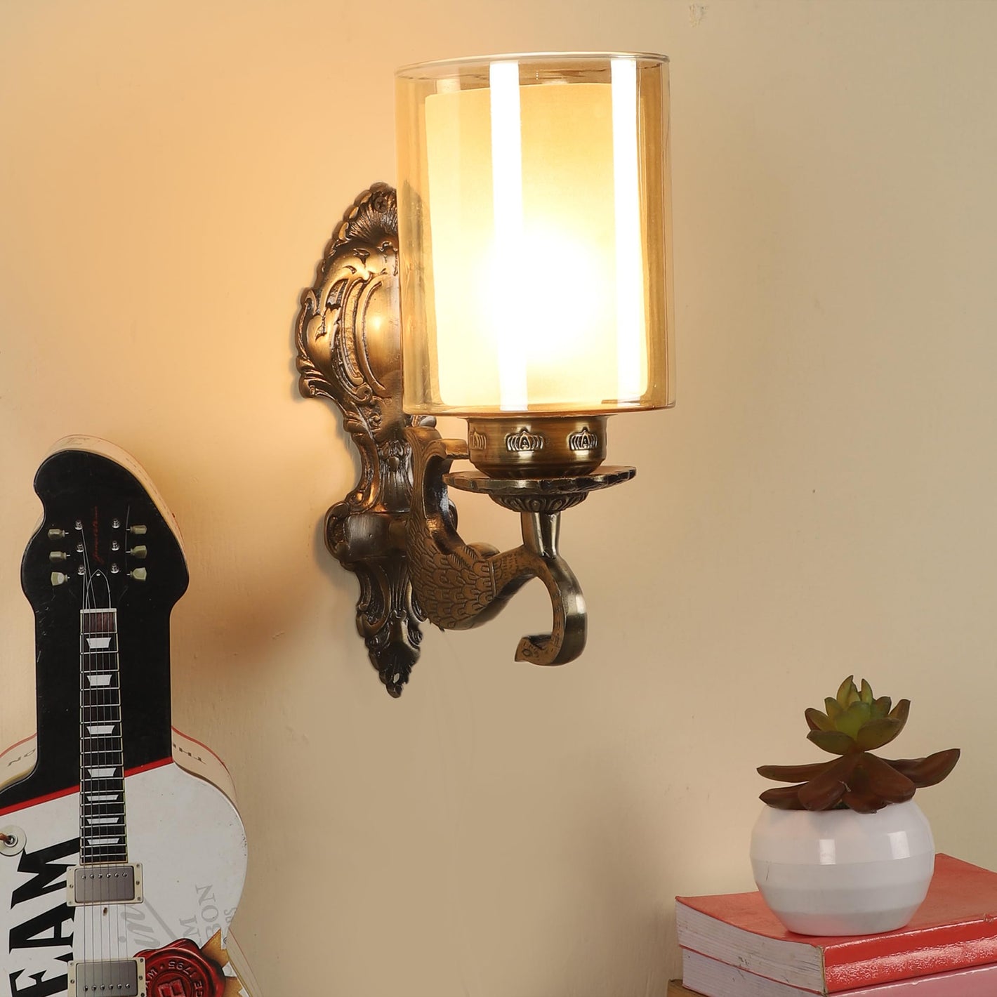 ELIANTE Antique Brass Wall Light with Glass Shade, Metal Decorative Wall Sconce Lamp for Bedroom Living Room Hallway Dining Decor | Vintage Design | 3 Years Warranty | Free LED LAMP