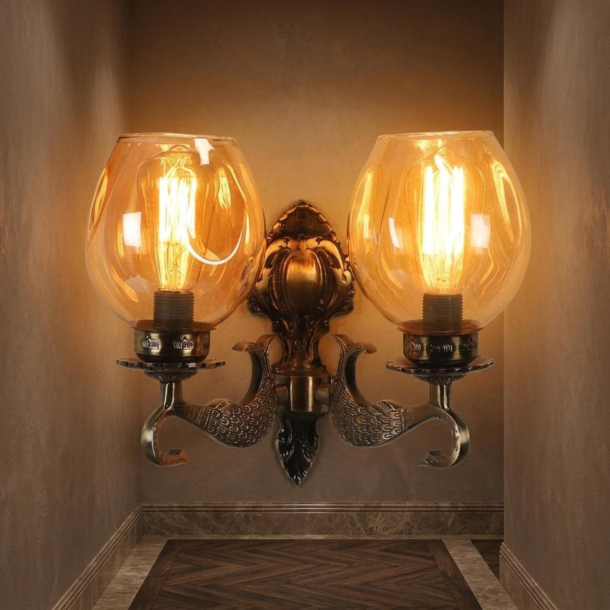 Eliante Bird Design Wall Light – Antique Glass, Metal & Wood (JS-1219-2W)