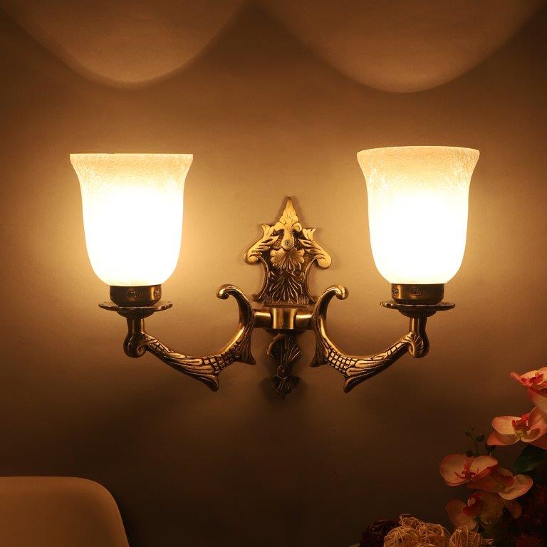 ELIANTE Antique Gold Aluminium Base Frost Glass Shade Wall Light - 8752-2W - Bulb Included