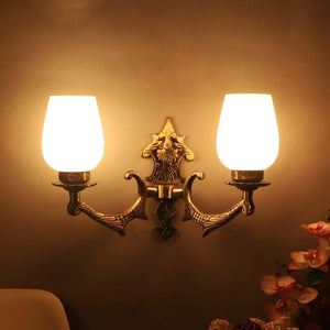 ELIANTE Antique Gold Aluminium Base White Glass Shade Wall Light - 8754-2W - Bulb Included