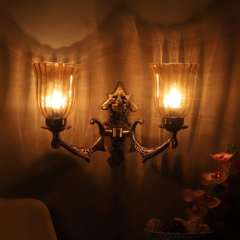 ELIANTE Antique Gold Aluminium Base Gold Glass Shade Wall Light - 8755-2W - Bulb Included
