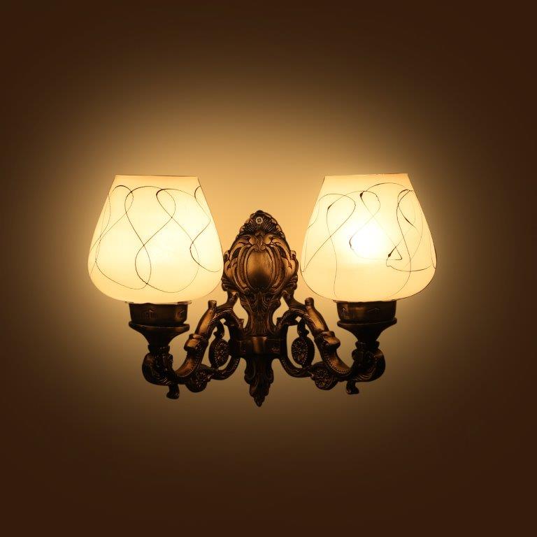 ELIANTE Antique Gold Aluminium Base White Glass Shade Wall Light - 8759-2W - Bulb Included