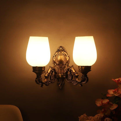 ELIANTE Antique Gold Aluminium Base White Glass Shade Wall Light - 8760-2W - Bulb Included