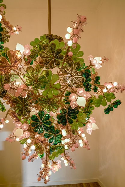 Moss & Blush Glass Petal Chandelier – A Statement Piece for Double-Height Foyers