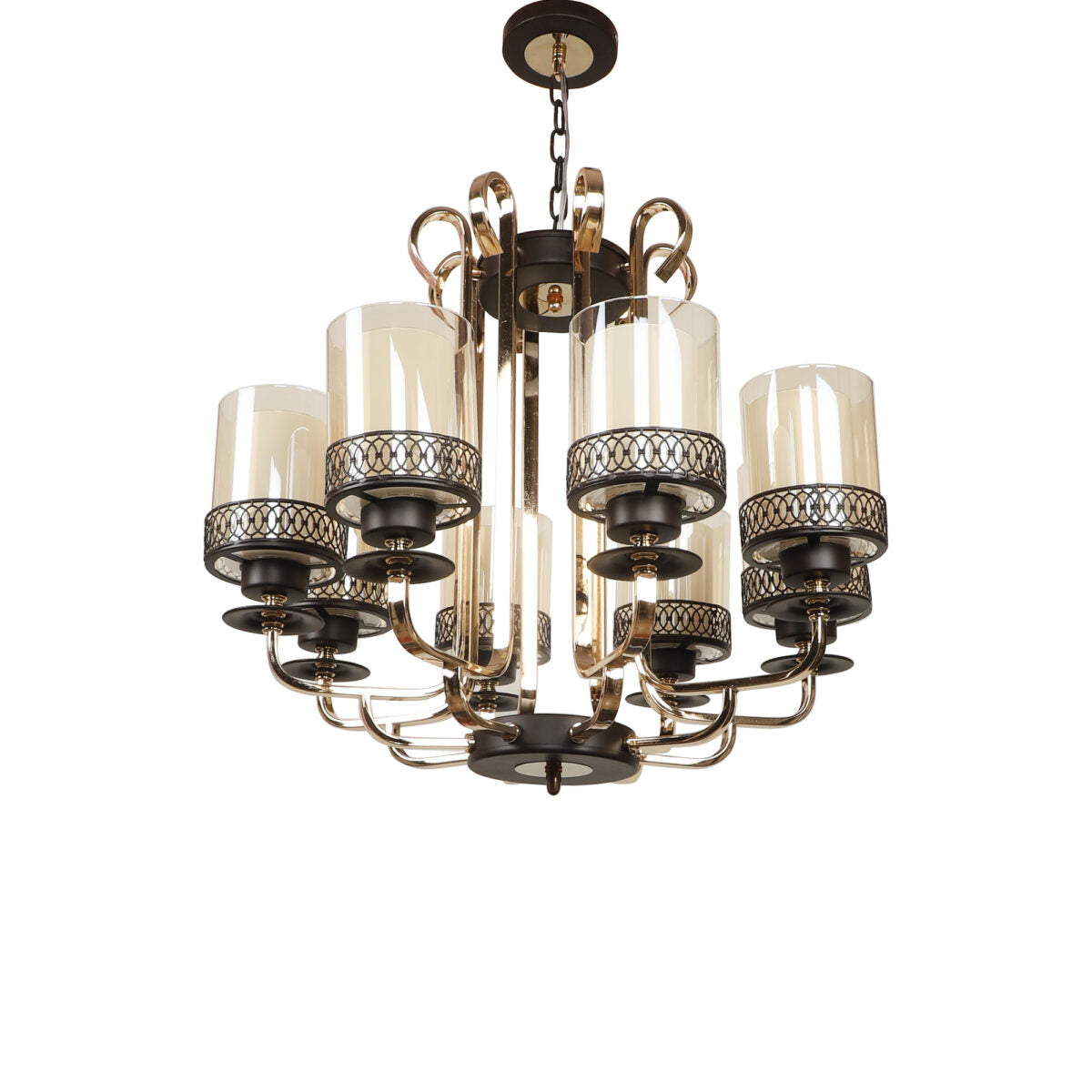 JS-VP S-313-8HL Multi-Arm Chandelier 8xE27 Mild Steel & Glass Material dark brown, gold & Champaign Finish