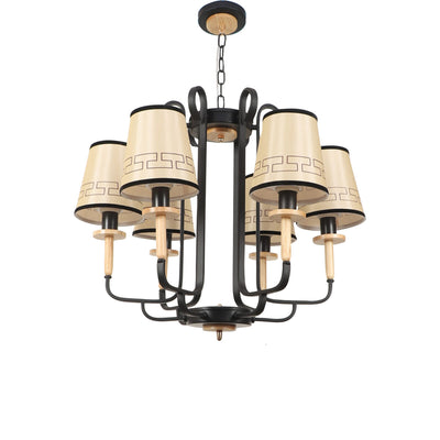JS-VP S-360-6LP Modern Chandeliers 6xE27 Mild Steel, wood, fabric shade & Fabric Material brown, gold, off white & Cream Finish