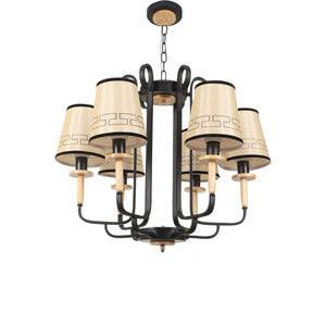JS-VP S-360-6LP Wooden Chandeliers 6xE27 Mild Steel, wood, fabric shade & Fabric Material brown, gold, off white & Cream Finish