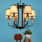 JS-VP S-360-6LP Wooden Chandeliers 6xE27 Mild Steel, wood, fabric shade & Fabric Material brown, gold, off white & Cream Finish