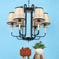 JS-VP S-360-6LP Wooden Chandeliers 6xE27 Mild Steel, wood, fabric shade & Fabric Material brown, gold, off white & Cream Finish