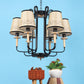 JS-VP S-360-6LP Wooden Chandeliers 6xE27 Mild Steel, wood, fabric shade & Fabric Material brown, gold, off white & Cream Finish