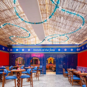 Turquoise Bead Wood & Glass Twist Chandelier – A Playful Statement for Hospitality Spaces