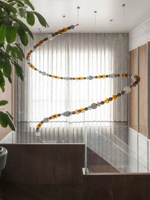 Amber Bead Wood & Glass Loop Chandelier – A Sculptural Statement for Double-Height Dining