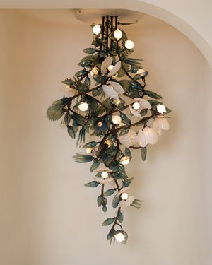 Teal Pearl Glass Bloom Chandelier - full installed view