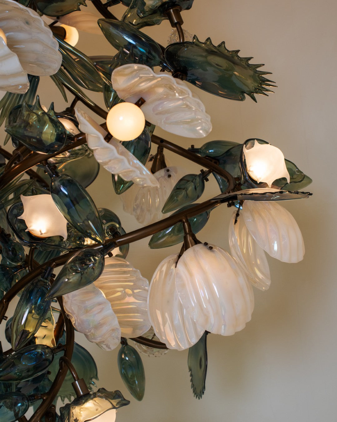 Teal Pearl Glass Bloom Chandelier - hand-blown glass leaf and bloom detail