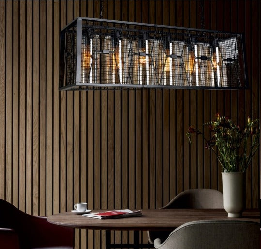 JS-GL-12239-6 - BLACK METAL & AMBER GLASS Rectangular Chandelier
