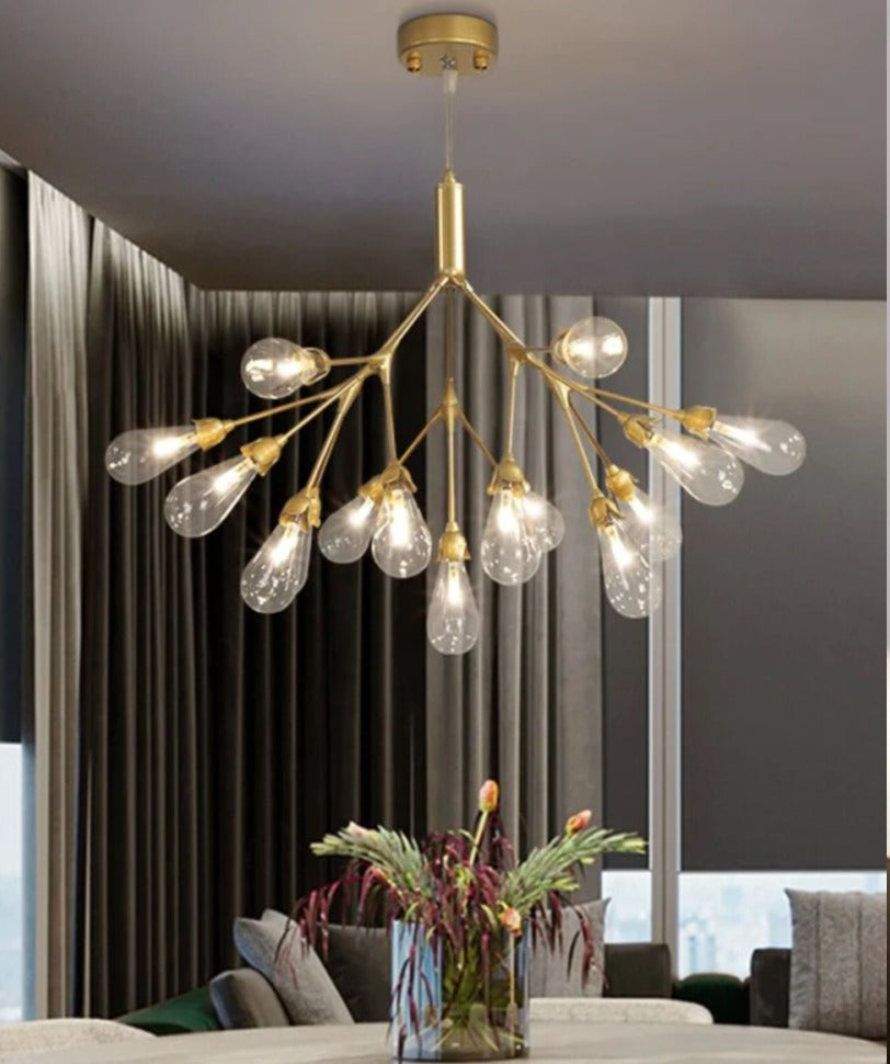 JS-GL-1254-15 - Antique Brass Metal & Amber Glass Modern Chandelier