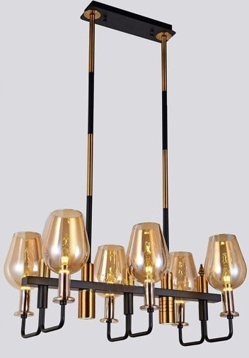 JS-GL-1627-6+2 - ANTIQUE BRASS & BLACK METAL & GLASS Cluster Hanging Light