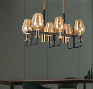 JS-GL-1627-6+2 - ANTIQUE BRASS & BLACK METAL & GLASS Cluster Hanging Light