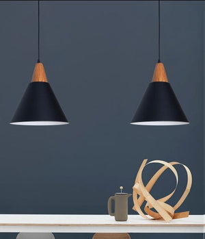 JS-GL-20022-1BK - BLACK & WHITE WOOD Metal Hanging Light