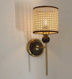 JS-GL-20291-BR-C - Antique Brass Metal & Rattan Cane Marble Wall Light