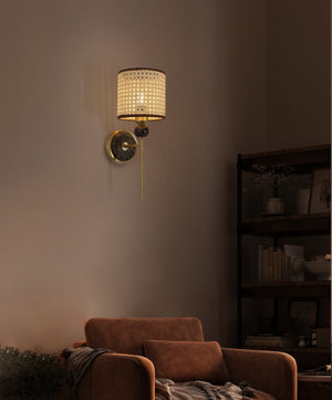 JS-GL-20291-BR-C - Antique Brass Metal & Rattan Cane Marble Wall Light