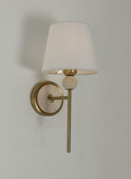 JS-GL-20291-WH - Antique Brass Metal & Fabric Shade & Travertino Modern Wall Light