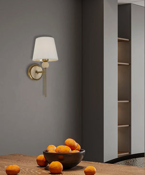 JS-GL-20291-WH - Antique Brass Metal & Fabric Shade & Travertino Modern Wall Light