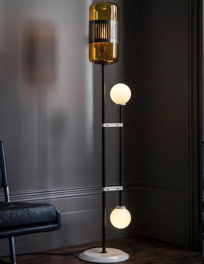 JS-GL-2448-AMB - Black Metal & Glass Marble Floor Lamp
