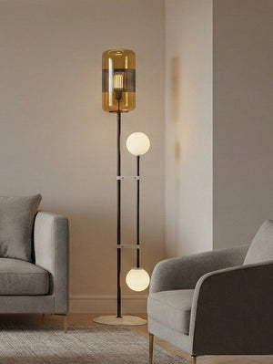 JS-GL-2448-AMB - Black Metal & Glass Marble Floor Lamp