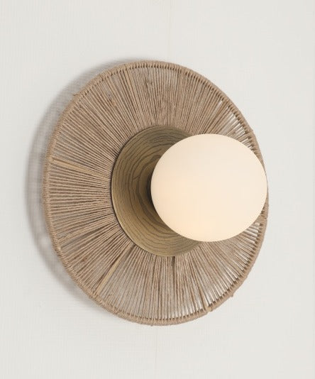 JS-GL-37649-S - Antique Brass Metal & Jute Rope & Glass Wooden Wall Light