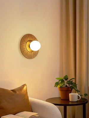 JS-GL-37649-S - Antique Brass Metal & Jute Rope & Glass Wooden Wall Light