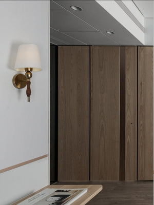 JS-GL-3841-W - Antique Brass Metal & Wood & Fabric Shade Wooden Wall Light