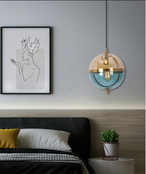 JS-GL-3861-BL+AMB - Antique Brass Metal Glass Hanging Light