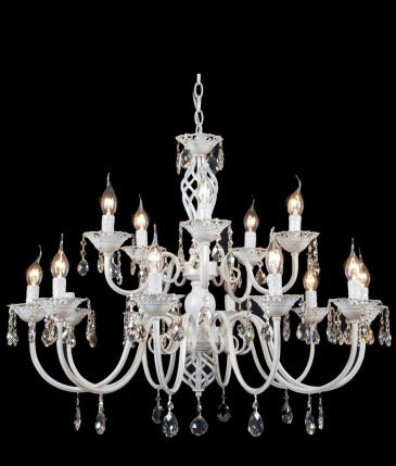 JS-GL-4795-10+5 - WHITE GOLD METAL & CRYSTALS Candle Arm Chandelier