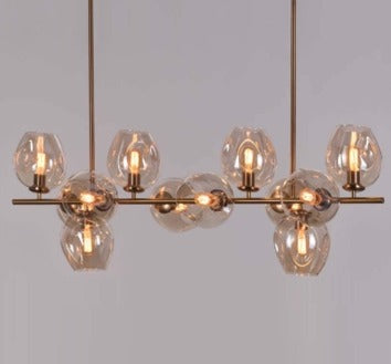 JS-GL-6008-12AMB - ANTIQUE BRASS METAL & AMBER GLASS Ball Chandelier