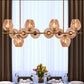 JS-GL-6008-12AMB - ANTIQUE BRASS METAL & AMBER GLASS Ball Chandelier