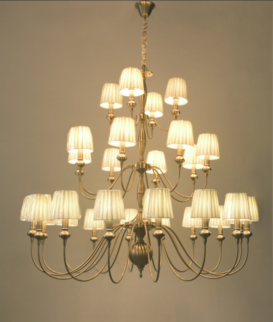 JS-GL-6272-16+8+4P - Antique Brass Metal & Fabric Shade Cloth Shading Chandelier