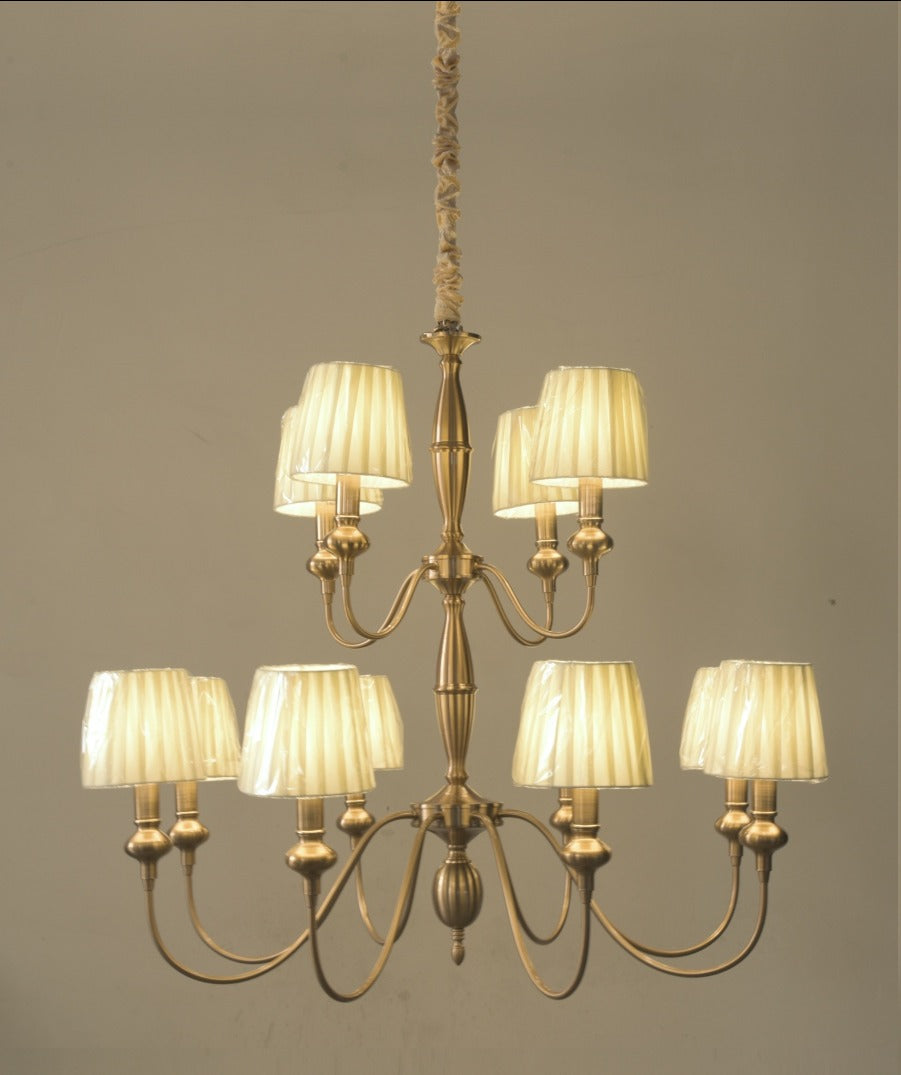 JS-GL-6272-8+4P - Antique Brass Metal & Fabric Shade Cloth Shading Chandelier
