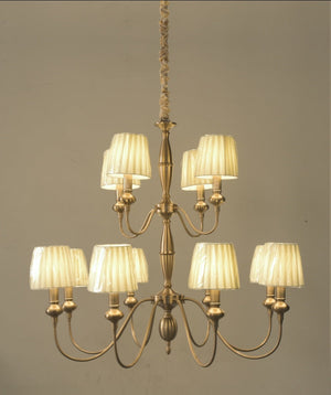 JS-GL-6272-8+4P - Antique Brass Metal & Fabric Shade Cloth Shading Chandelier