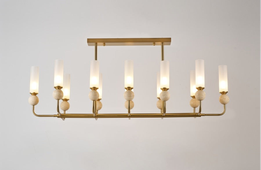 JS-GL-82140L-12 - Antique Brass Metal & Glass & Travertino Modern Chandelier